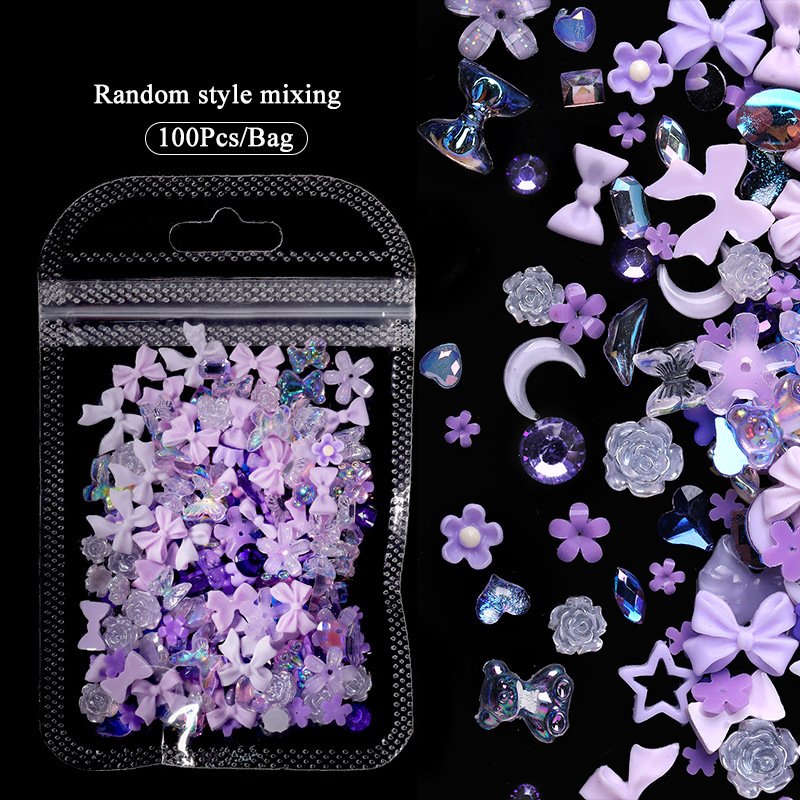 100PCS 3D Heart Bear Bow Ribbon Nail Rhinestone Mixed Nail Decoration Flower Butterfly Pearl Design Nail Art Charms Jewelry