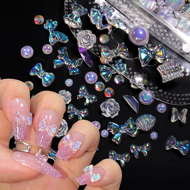 100PCS 3D Heart Bear Bow Ribbon Nail Rhinestone Mixed Nail Decoration Flower Butterfly Pearl Design Nail Art Charms Jewelry