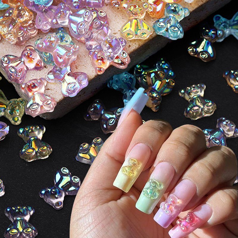 100PCS 3D Heart Bear Bow Ribbon Nail Rhinestone Mixed Nail Decoration Flower Butterfly Pearl Design Nail Art Charms Jewelry