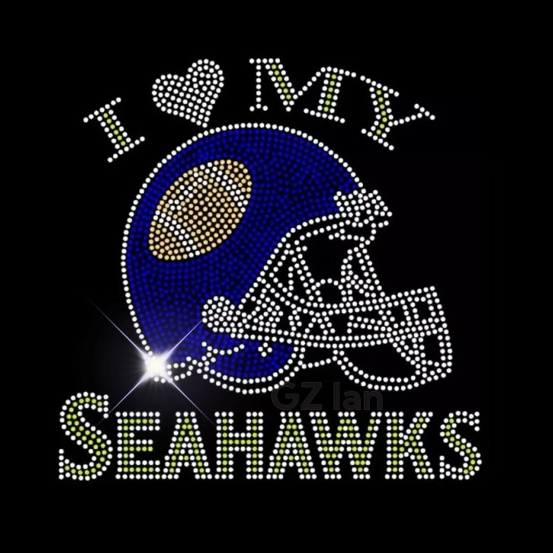 Seattle Custom Rhinestones Transfer Seahawks Football Team Motif Hot-fix Iron On Rhinestone Transfer For Shirt