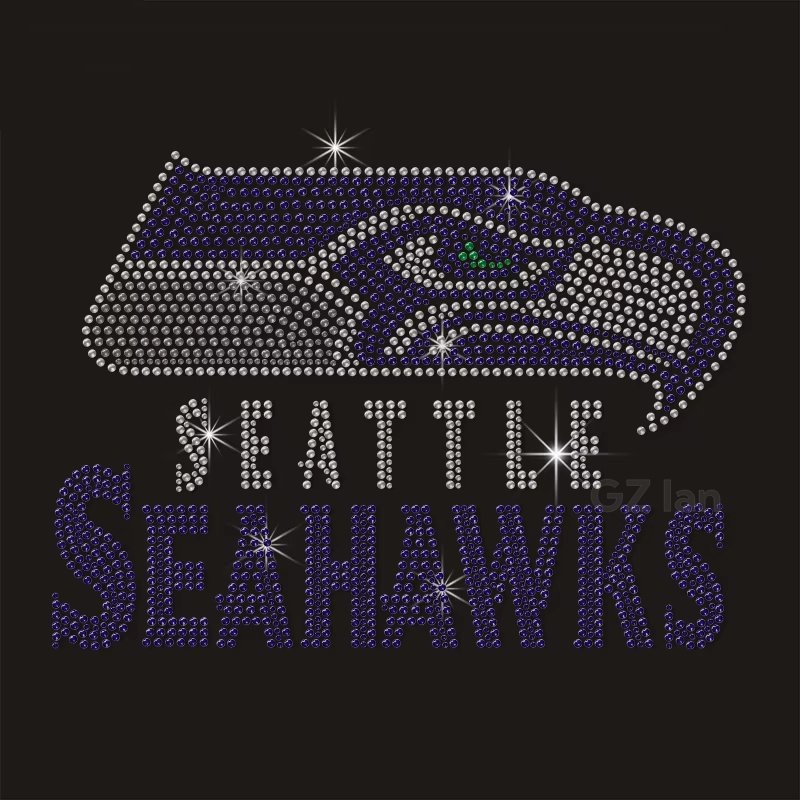 Seattle Custom Rhinestones Transfer Seahawks Football Team Motif Hot-fix Iron On Rhinestone Transfer For Shirt