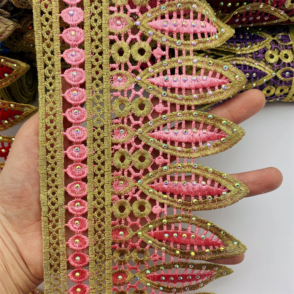 New African lace trim with rhinestone Metallic Embroidered Motif Lace Nigeria Venice Trim Wide 12CM