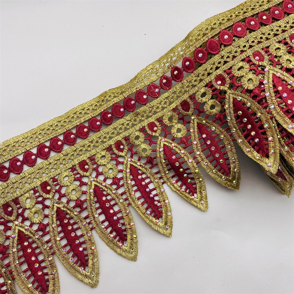 New African lace trim with rhinestone Metallic Embroidered Motif Lace Nigeria Venice Trim Wide 12CM