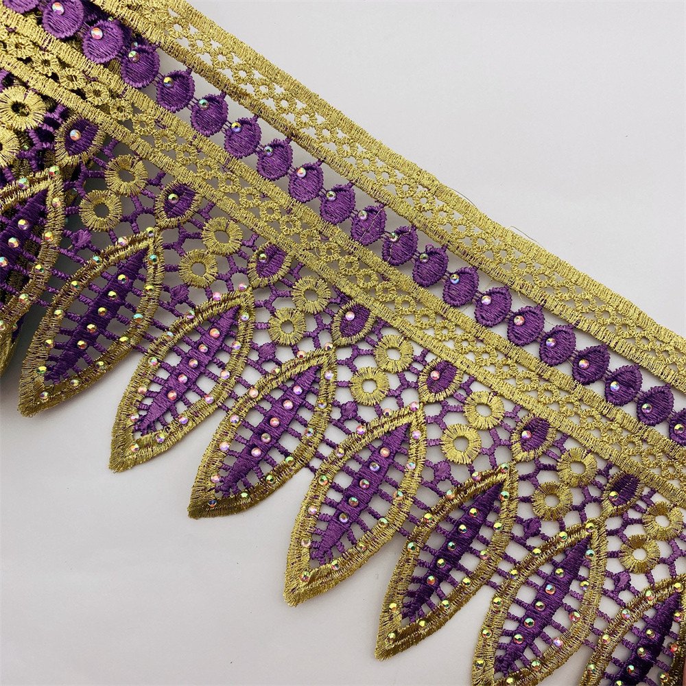 New African lace trim with rhinestone Metallic Embroidered Motif Lace Nigeria Venice Trim Wide 12CM