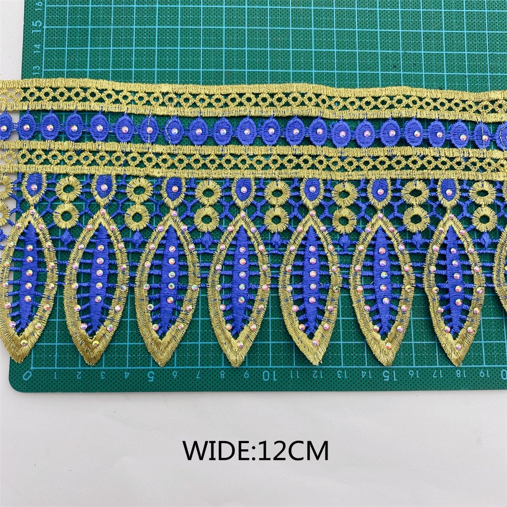 New African lace trim with rhinestone Metallic Embroidered Motif Lace Nigeria Venice Trim Wide 12CM