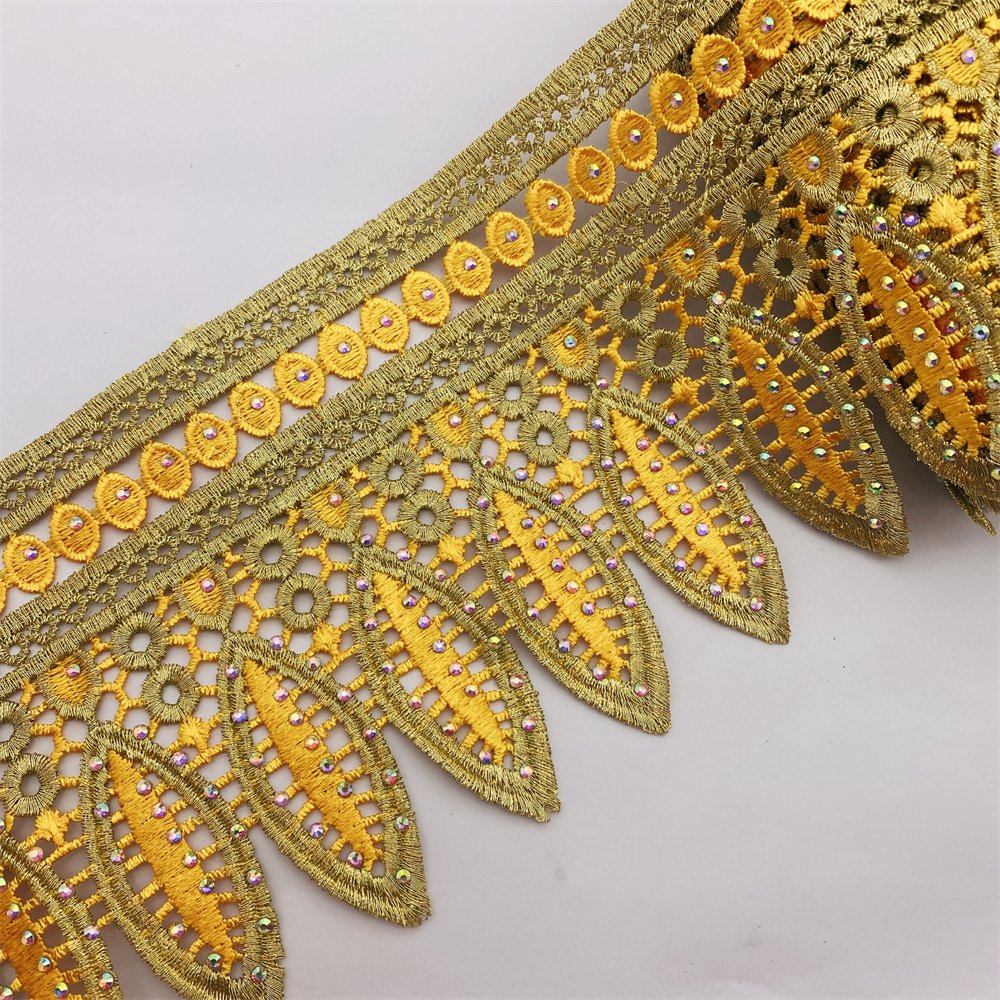 New African lace trim with rhinestone Metallic Embroidered Motif Lace Nigeria Venice Trim Wide 12CM