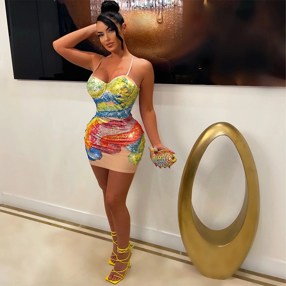 2024 New Design Ladies Tie Dye Print Women's Clothing Rhinestone Mini Party Patchwork Dress