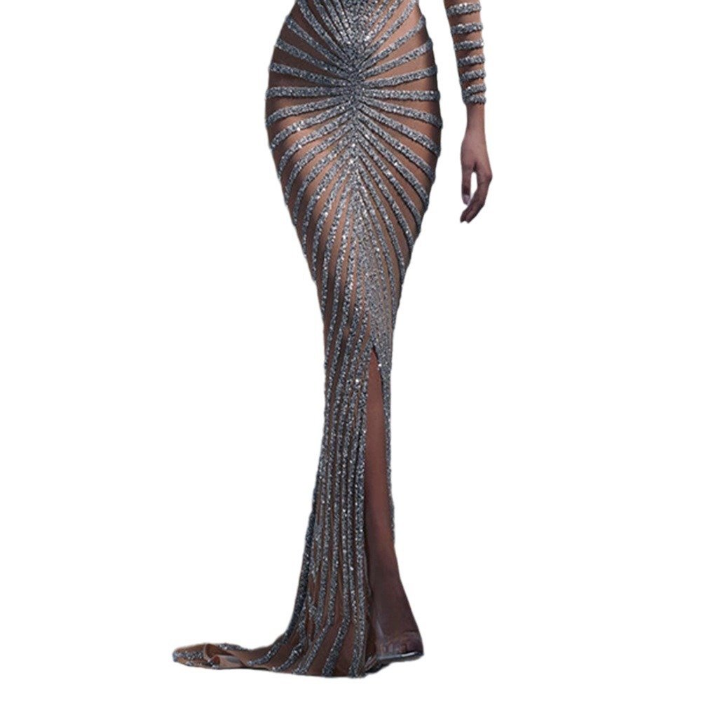 Sparkly Rhinestones Long Sleeves Club Floor Dresses Elegant Dark Mesh Celebrate Evening Wedding Prom Gown Birthday Dress