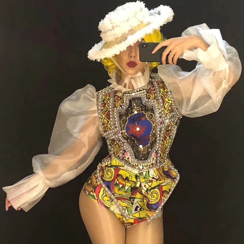 customized Women Long Sleeve Rhinestone Pearls Shirt Short Lace Colorful Dancer Show Outfit Set Blingbling Dancer Costume