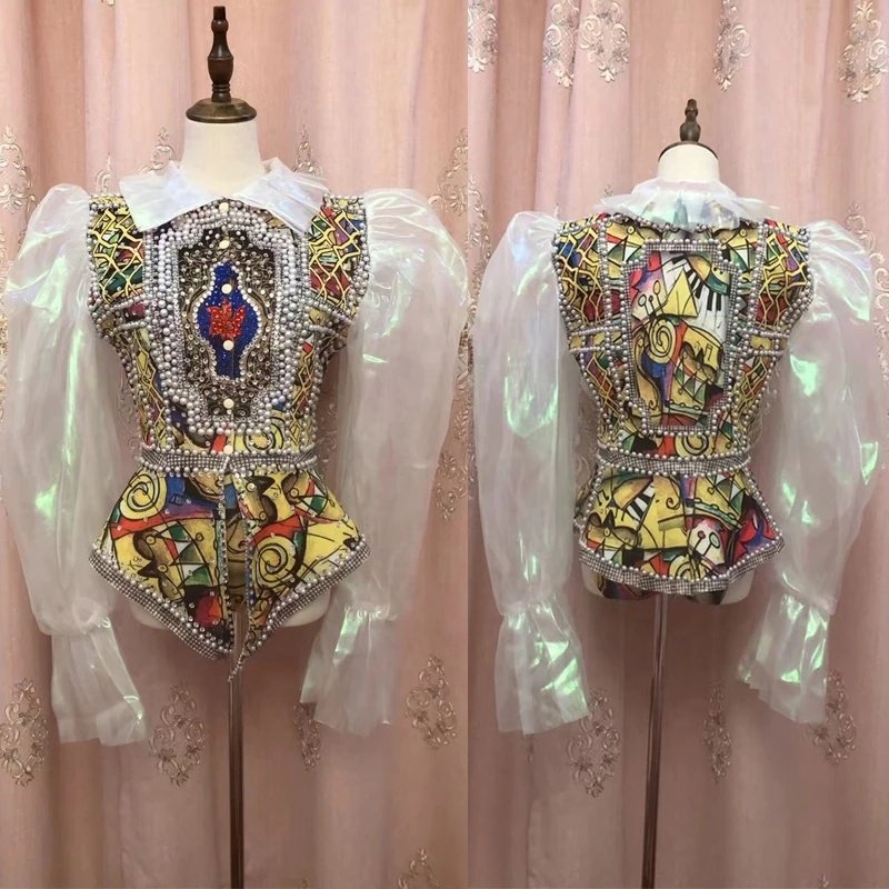 customized Women Long Sleeve Rhinestone Pearls Shirt Short Lace Colorful Dancer Show Outfit Set Blingbling Dancer Costume