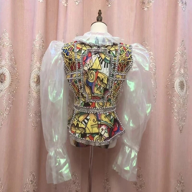 customized Women Long Sleeve Rhinestone Pearls Shirt Short Lace Colorful Dancer Show Outfit Set Blingbling Dancer Costume