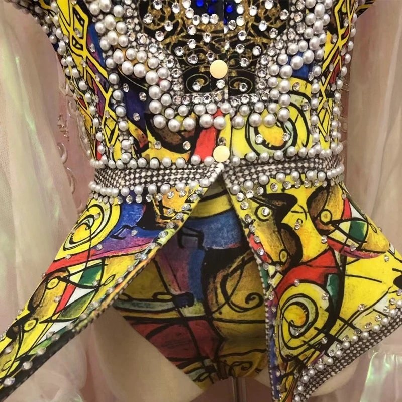customized Women Long Sleeve Rhinestone Pearls Shirt Short Lace Colorful Dancer Show Outfit Set Blingbling Dancer Costume