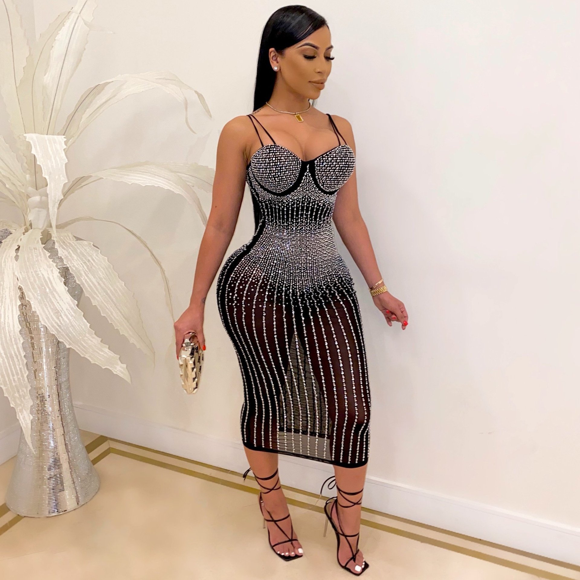 Liu Ming Hot Selling Women Sexy Spaghetti Straps Rhinestone Sheer Mesh Nightclub Party Bodycon Dress