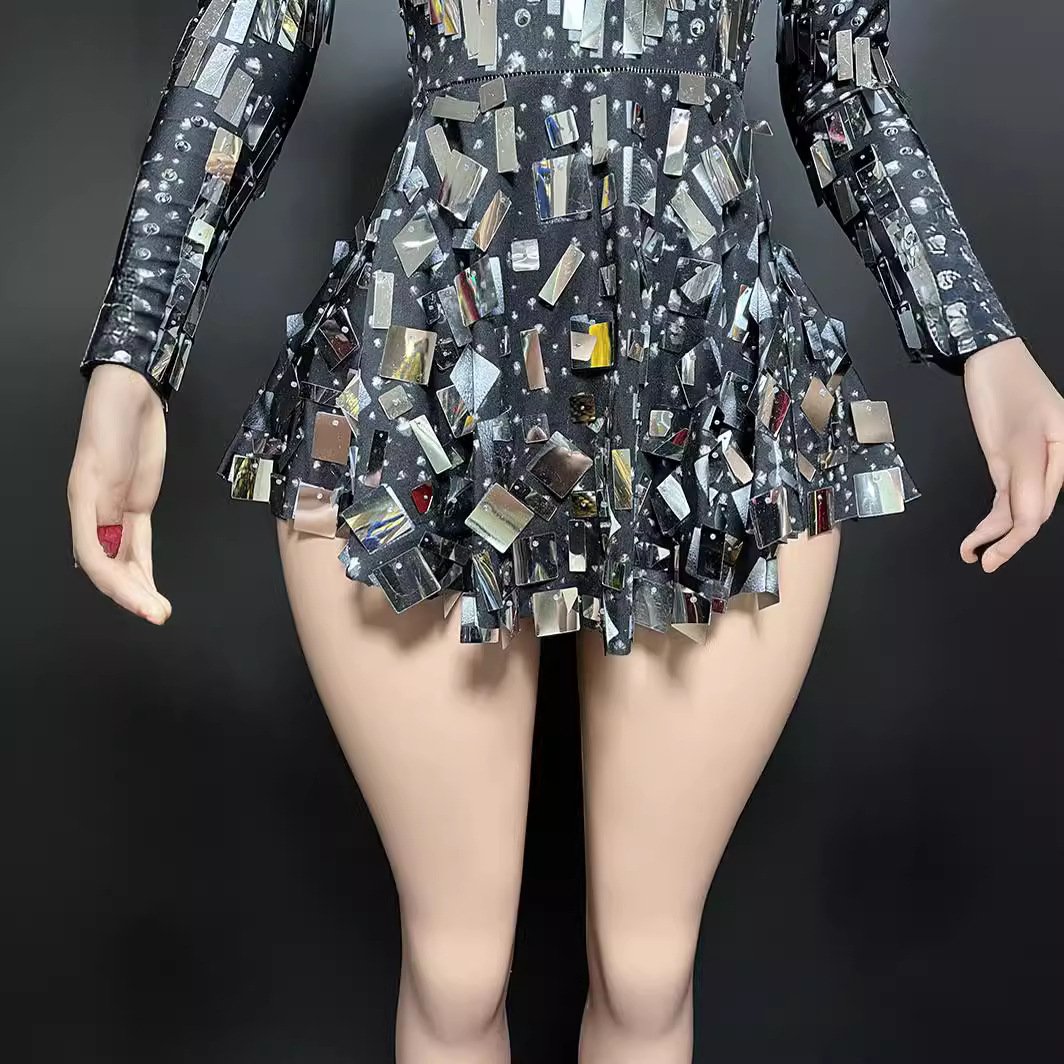 Mirror Sequins Dancing Dress Sparkly Rhinestones Nightclub Sexy Short Party Dress Singer Showgirl Stage Performance Wear