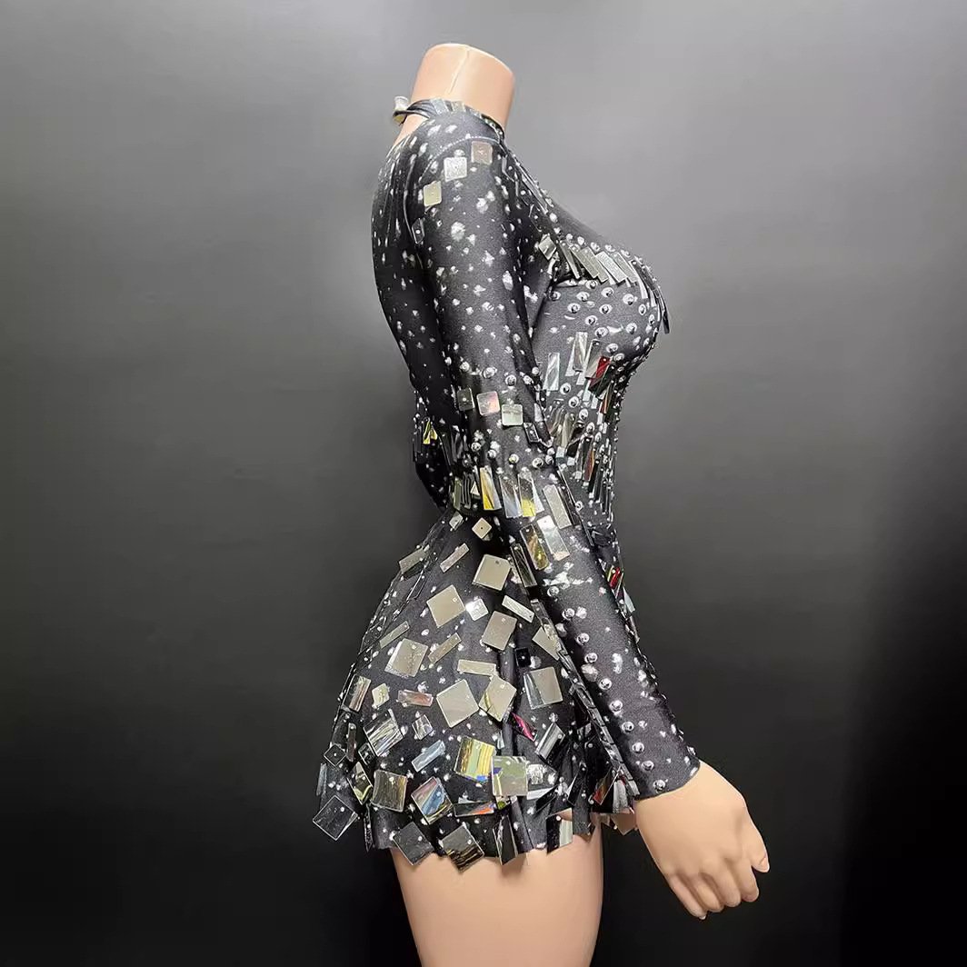 Mirror Sequins Dancing Dress Sparkly Rhinestones Nightclub Sexy Short Party Dress Singer Showgirl Stage Performance Wear