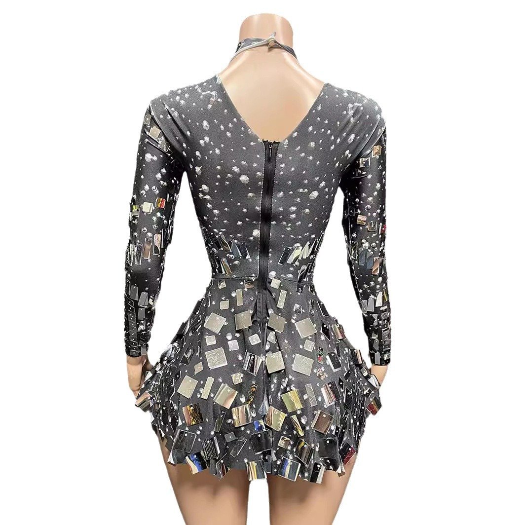 Mirror Sequins Dancing Dress Sparkly Rhinestones Nightclub Sexy Short Party Dress Singer Showgirl Stage Performance Wear
