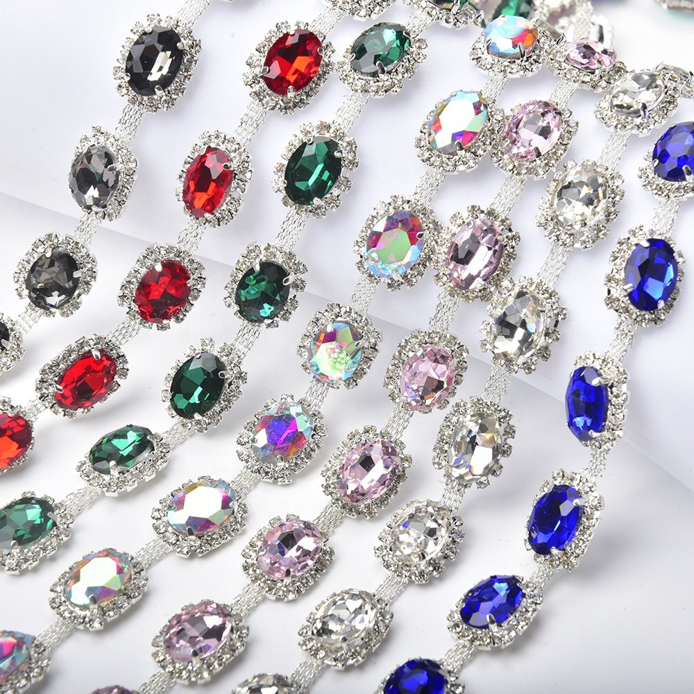 Luxury Large Glass Oval Rhinestone Diamond Trim Sew on Crystal Silver Metal Cup Chain DIY Dress Belt Garment Jewelry Making