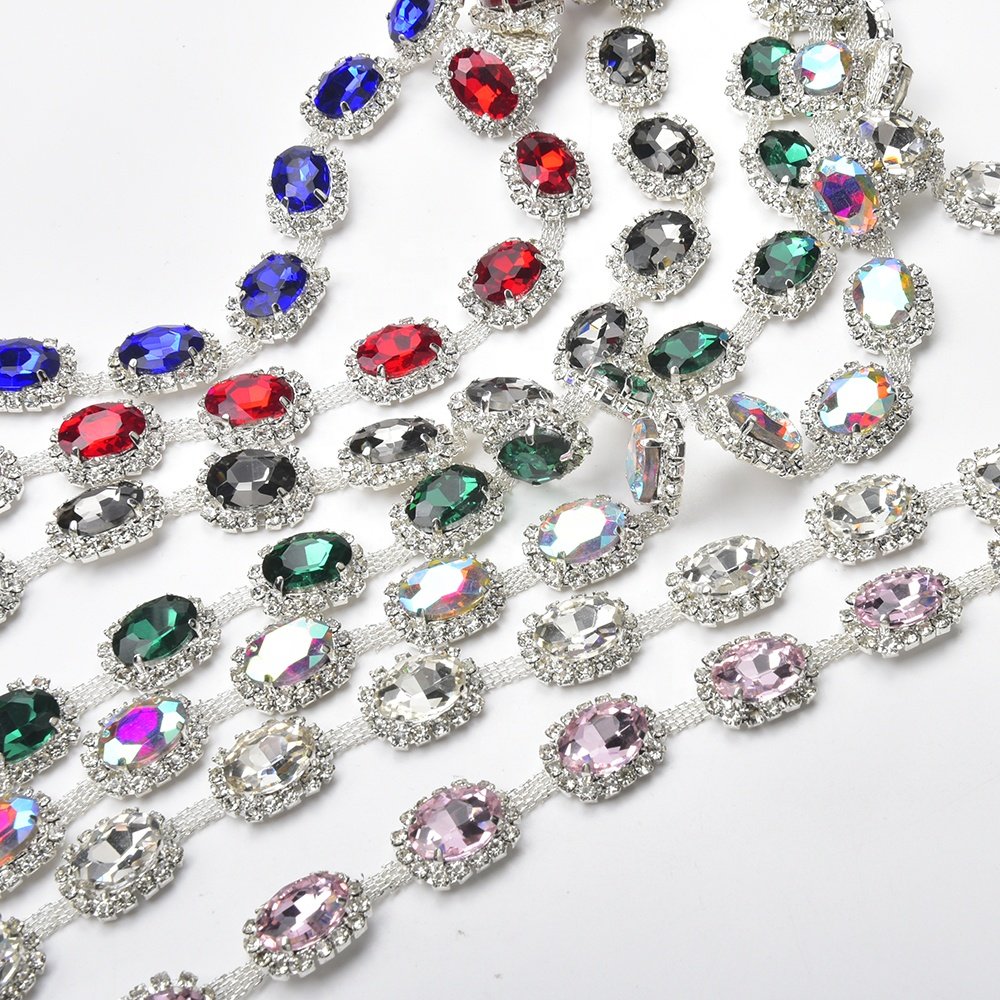 Luxury Large Glass Oval Rhinestone Diamond Trim Sew on Crystal Silver Metal Cup Chain DIY Dress Belt Garment Jewelry Making