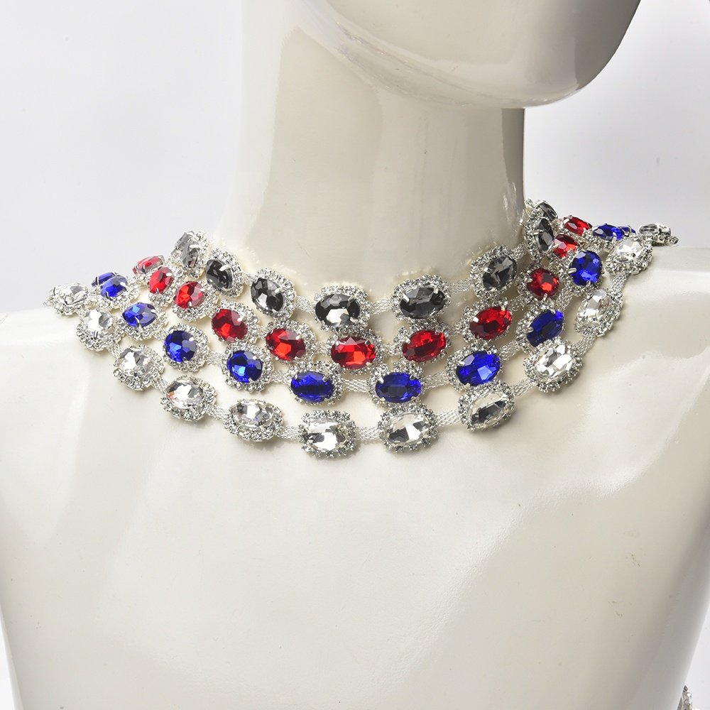 Luxury Large Glass Oval Rhinestone Diamond Trim Sew on Crystal Silver Metal Cup Chain DIY Dress Belt Garment Jewelry Making