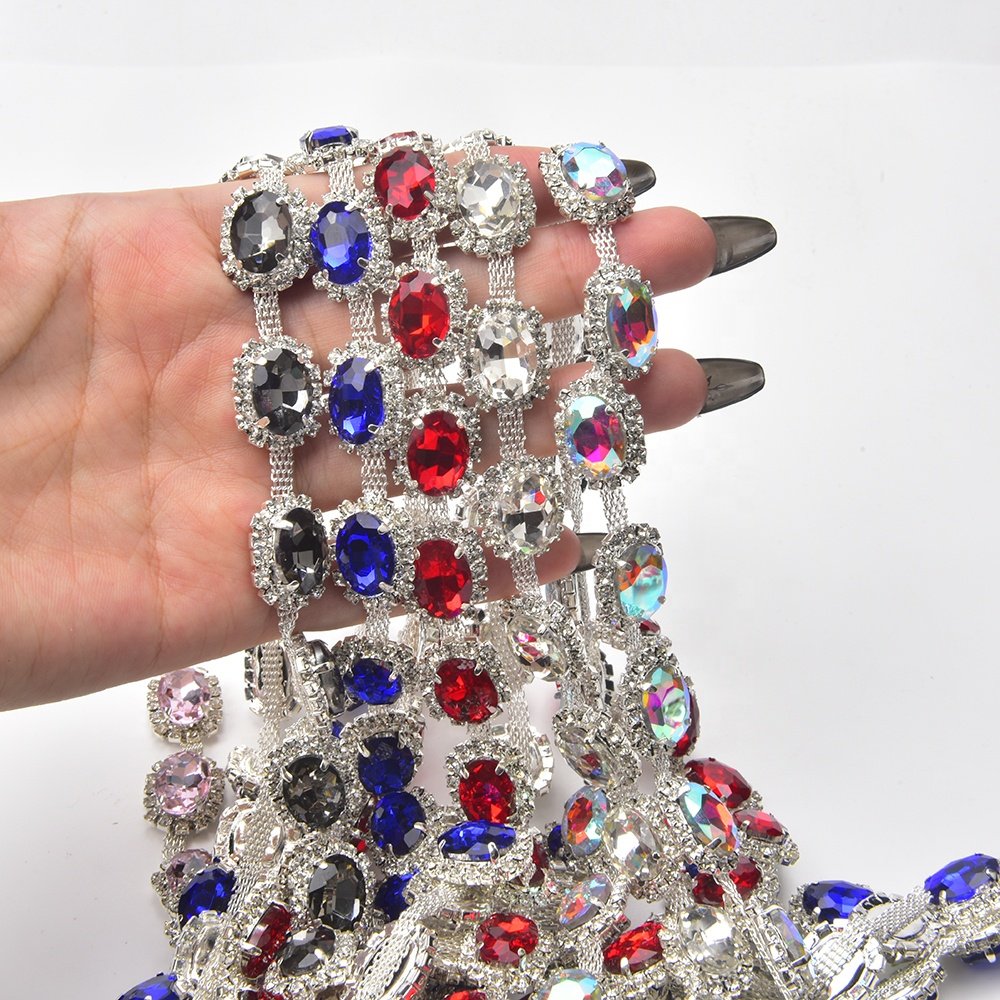 Luxury Large Glass Oval Rhinestone Diamond Trim Sew on Crystal Silver Metal Cup Chain DIY Dress Belt Garment Jewelry Making