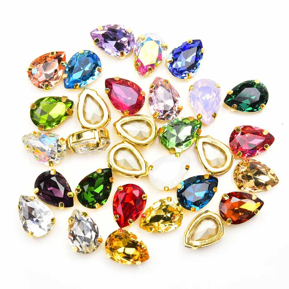 JFS030 High Quality Waterdrop Zircon Crystal Sew On Rhinestone With Gold Claw Shiny Beads For Garment Shoes Bags Accessories