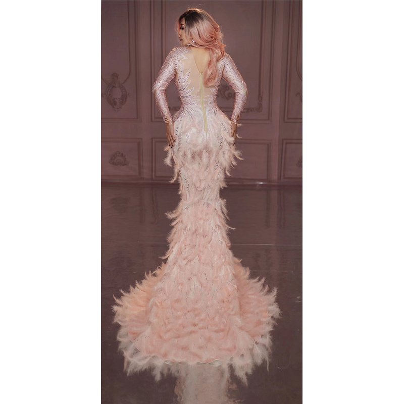 Sparkly Rhinestones Pink Feather Nude Dress Sexy Full Stones Long Big Tail Dress Birthday Celebrate Dresses