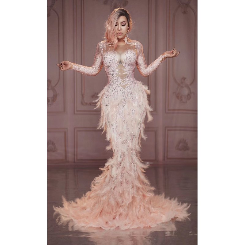 Sparkly Rhinestones Pink Feather Nude Dress Sexy Full Stones Long Big Tail Dress Birthday Celebrate Dresses