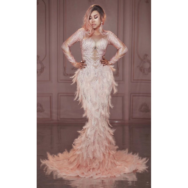 Sparkly Rhinestones Pink Feather Nude Dress Sexy Full Stones Long Big Tail Dress Birthday Celebrate Dresses