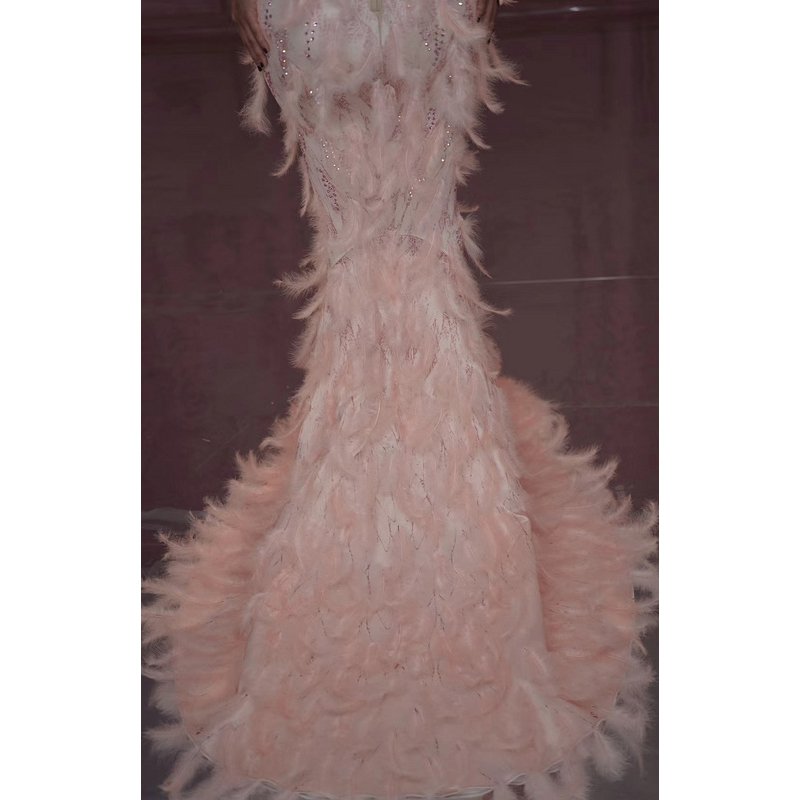 Sparkly Rhinestones Pink Feather Nude Dress Sexy Full Stones Long Big Tail Dress Birthday Celebrate Dresses
