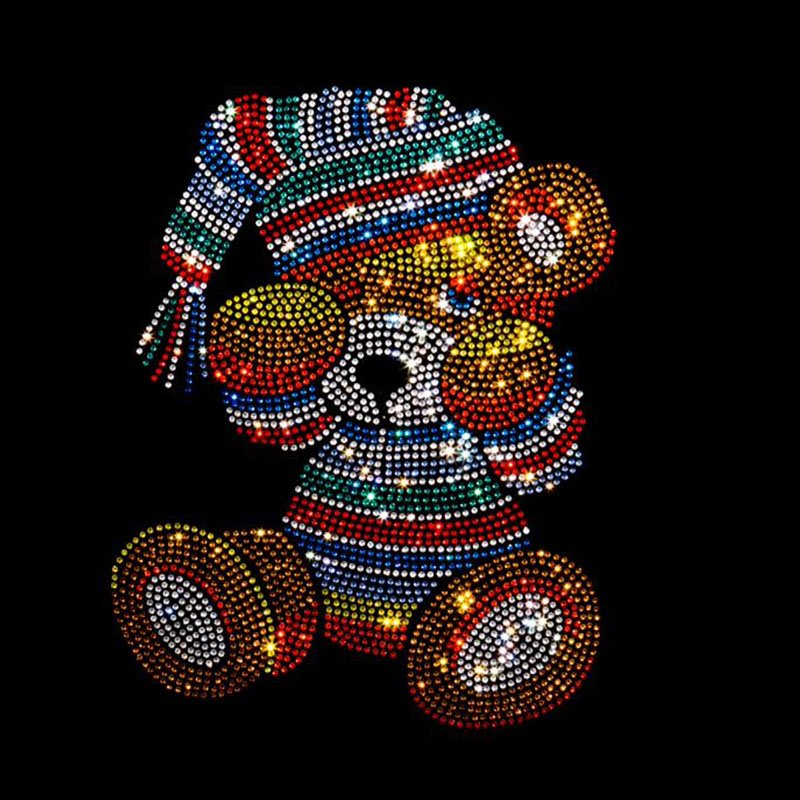 Custom bling rhinestone pattern hotfix glitter iron on transfer applique strass image hear press crystal bear motif for clothes