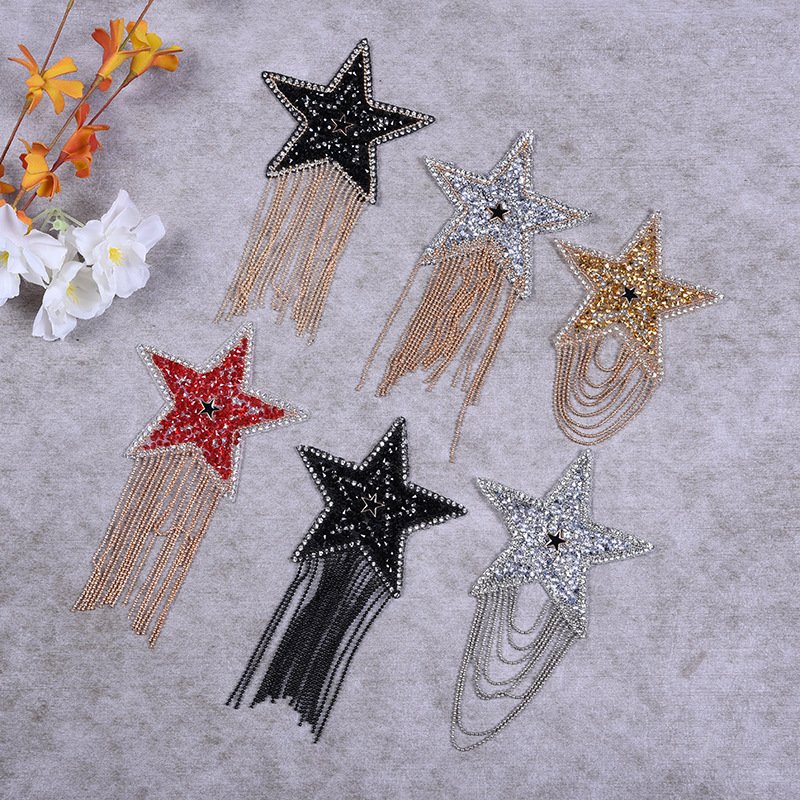 Wholesale Rhinestone Iron on Patch Star Tassel Badge DIY Clothing Star Rhinestone iron on patch for Bag Hat