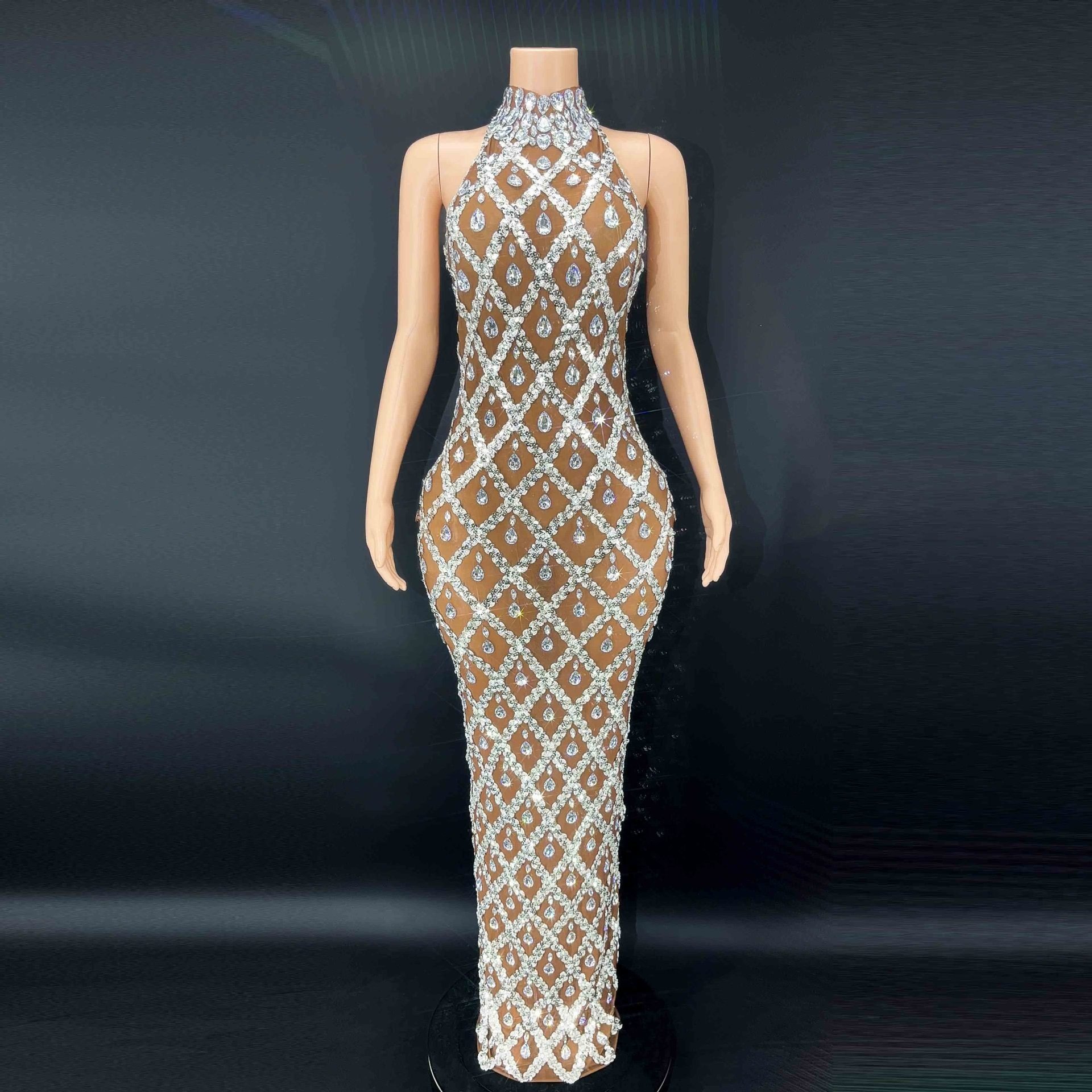 OUDINA Wholesale Shiny Rhinestone Silver Dress Plus Size Long Fishtail Dress Ball Gowns For Women Evening Diamond Dresses