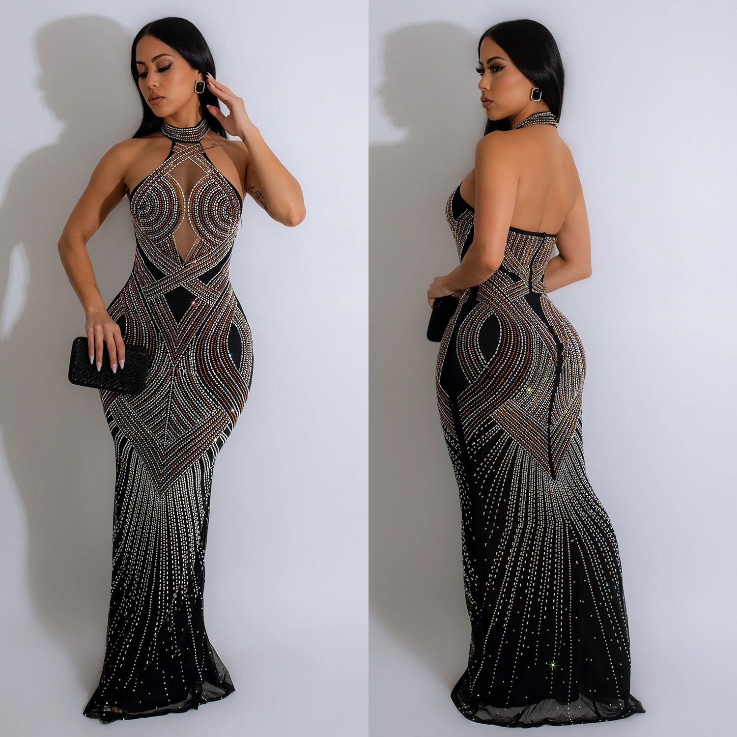 LQ C6811 Plus Size Fashion Women's Wear Pure Color Mesh Hot Rhinestone Halter Maxi Dress For Club Party
