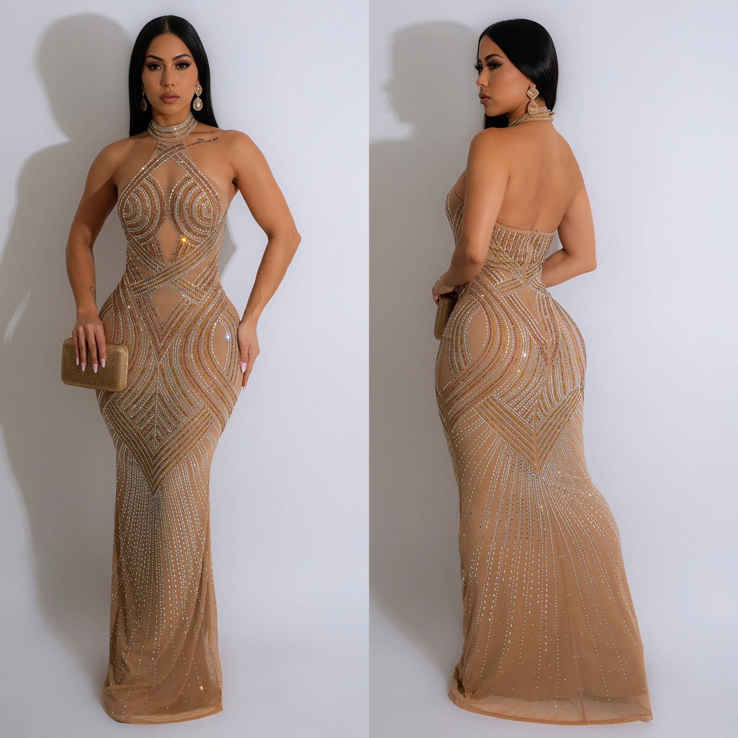 LQ C6811 Plus Size Fashion Women's Wear Pure Color Mesh Hot Rhinestone Halter Maxi Dress For Club Party