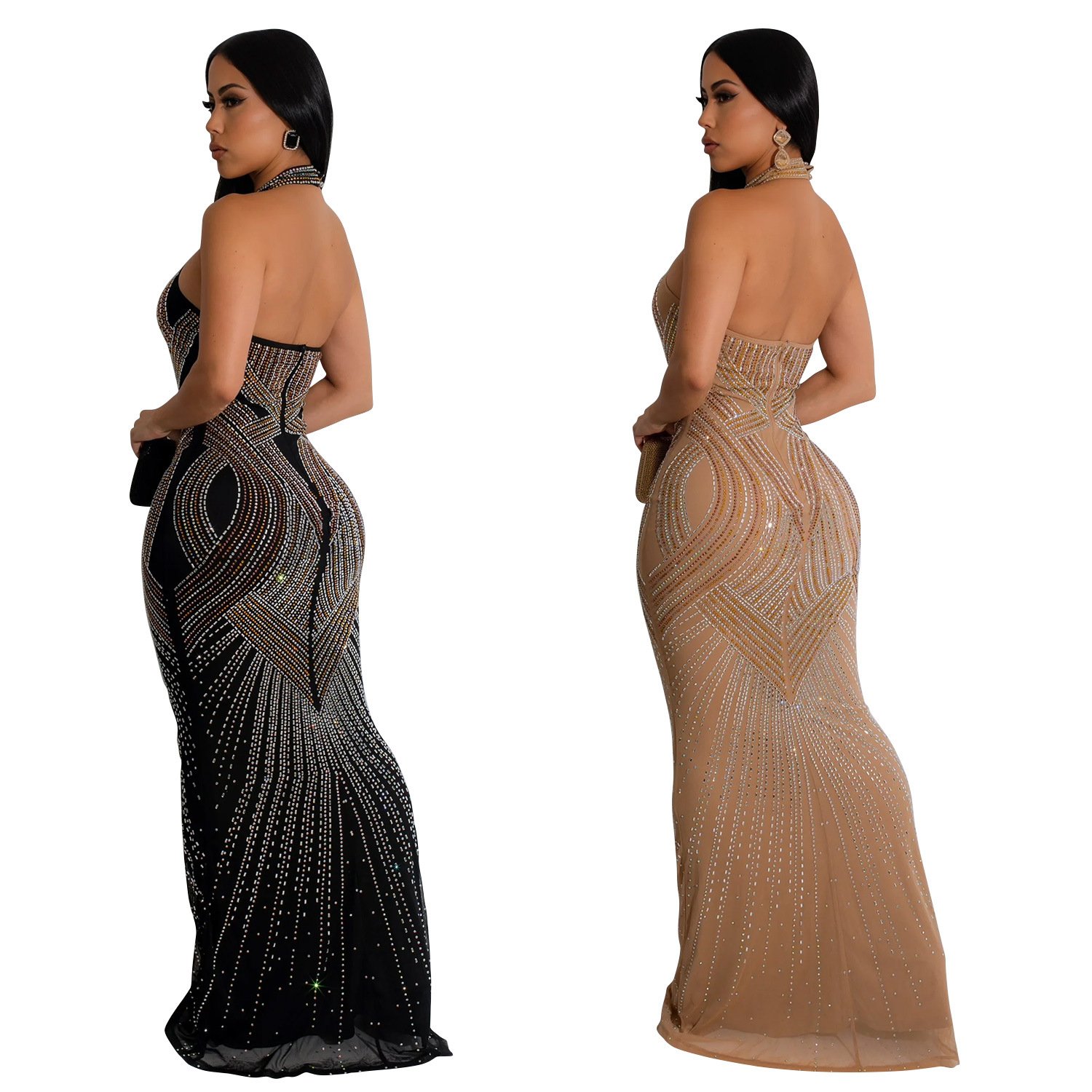 LQ C6811 Plus Size Fashion Women's Wear Pure Color Mesh Hot Rhinestone Halter Maxi Dress For Club Party