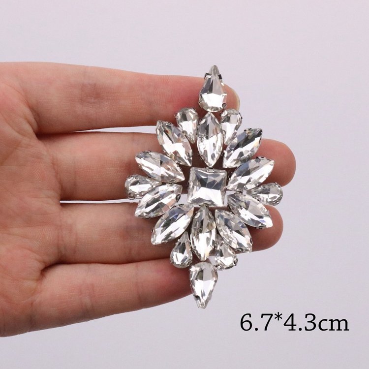 Rhinestone Flower Leaf Floral Brooch Pin Applique Iron On Patches for Wedding Dress