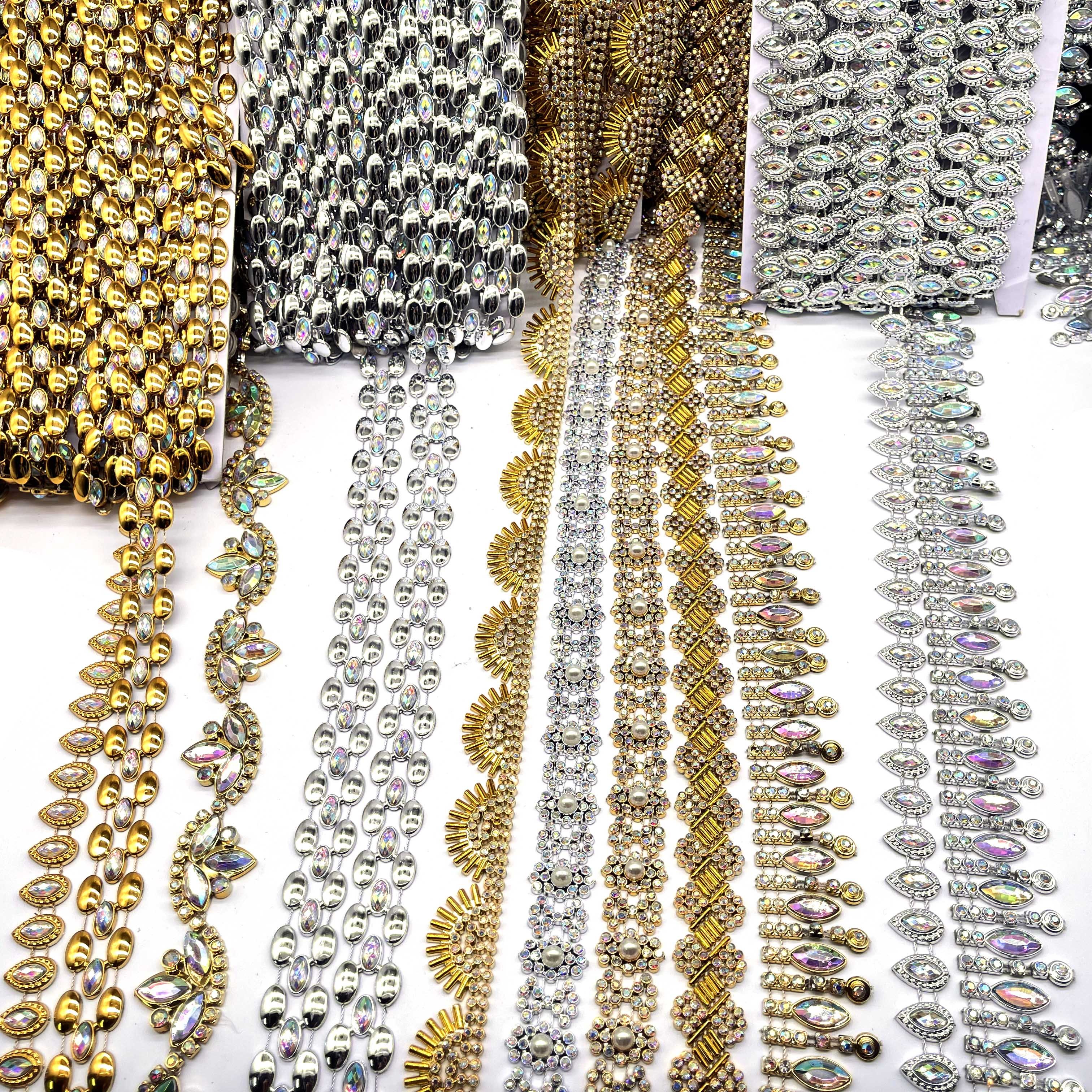 Wholesale New Arrival sew on Acrylic Rhinestone Plastic Crystal Rhinestone Gold silver Plating trimming chain