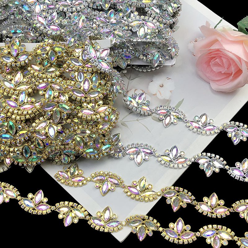 Wholesale New Arrival sew on Acrylic Rhinestone Plastic Crystal Rhinestone Gold silver Plating trimming chain