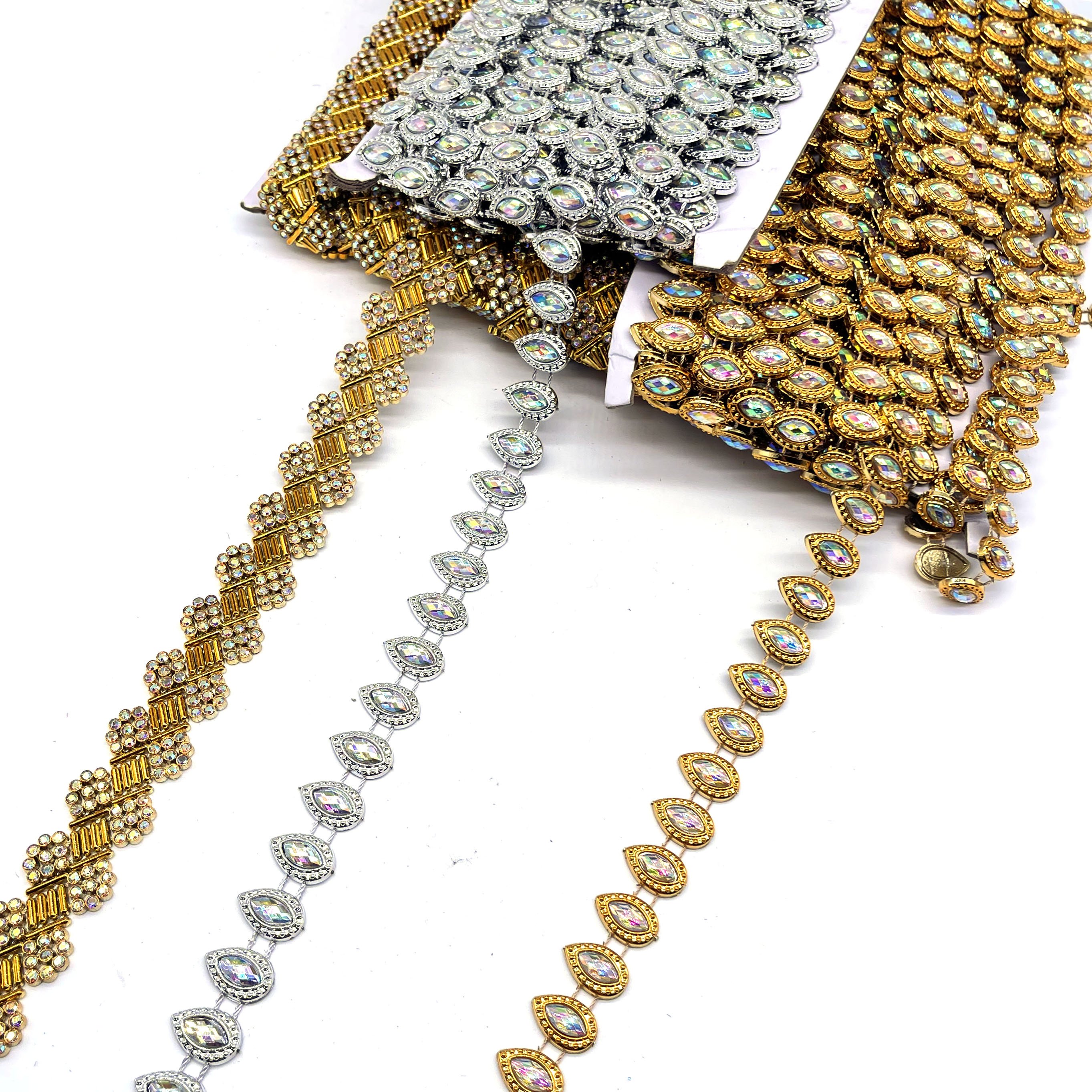 Wholesale New Arrival sew on Acrylic Rhinestone Plastic Crystal Rhinestone Gold silver Plating trimming chain