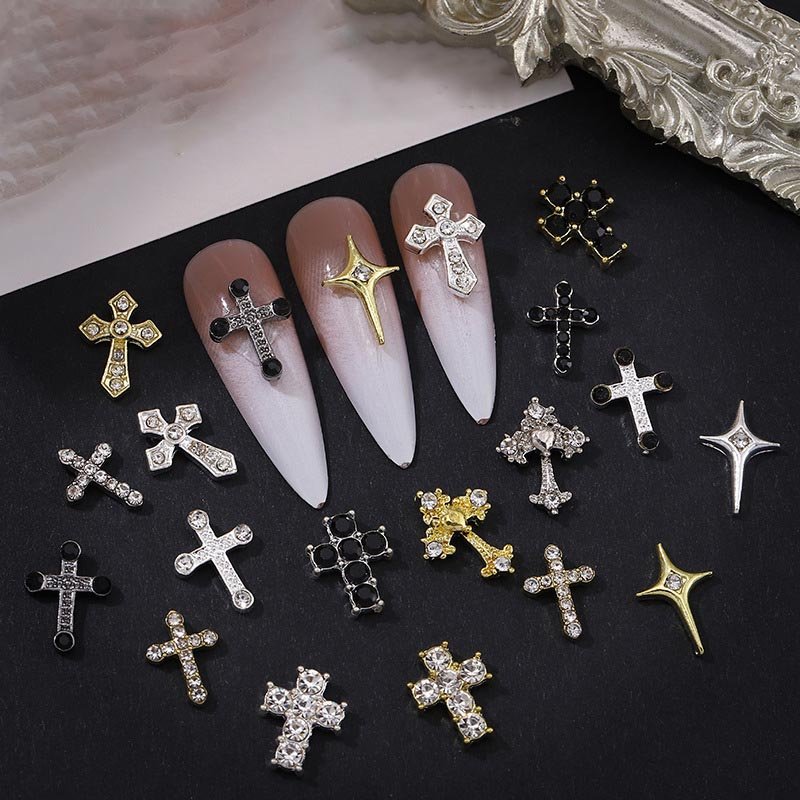 3D Alloy Cross Luxury Nail Charms Pearl Gemstone Diamond Metal Crystal Rhinestones Nail Decor DIY