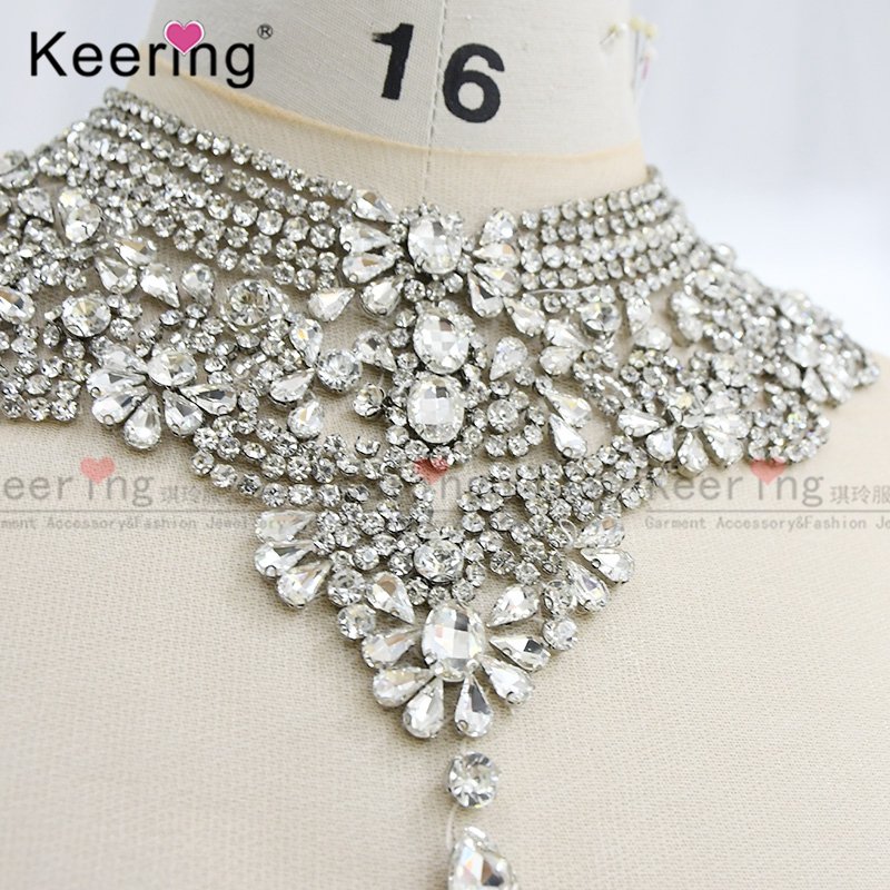 WDP-165 New Keering Design Party Wedding Dress Bridal Flower Crystal Collar Neckline Rhinestone Applique