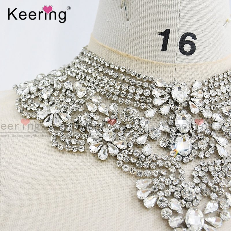 WDP-165 New Keering Design Party Wedding Dress Bridal Flower Crystal Collar Neckline Rhinestone Applique