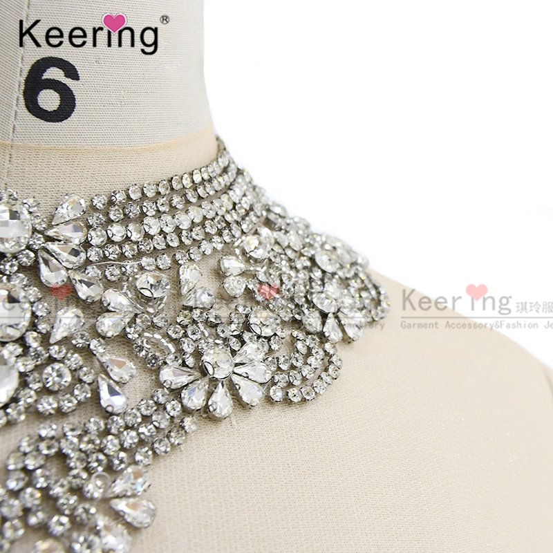 WDP-165 New Keering Design Party Wedding Dress Bridal Flower Crystal Collar Neckline Rhinestone Applique