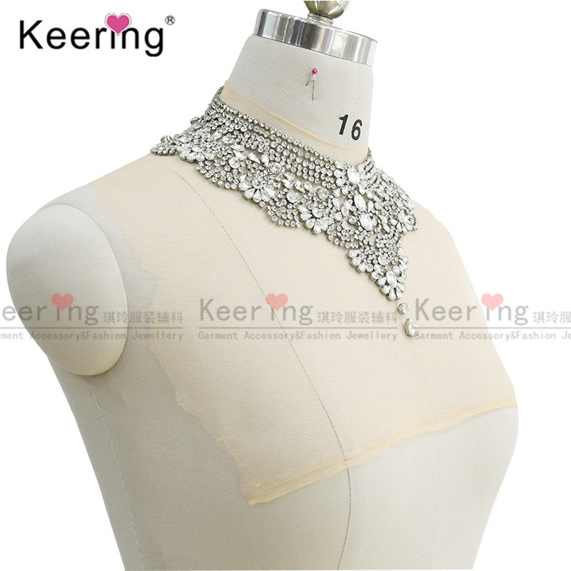 WDP-165 New Keering Design Party Wedding Dress Bridal Flower Crystal Collar Neckline Rhinestone Applique