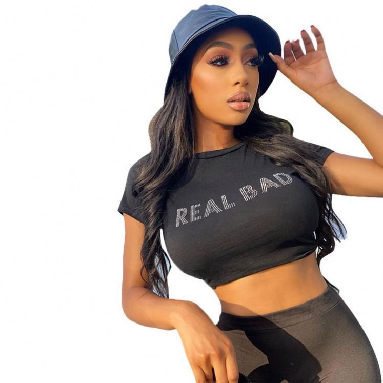2024 Factory Directly Cheap Polyester T Shirt Rhinestones T Shirt Ladies Crop Top Sexy Women Casual Short Crew Neck