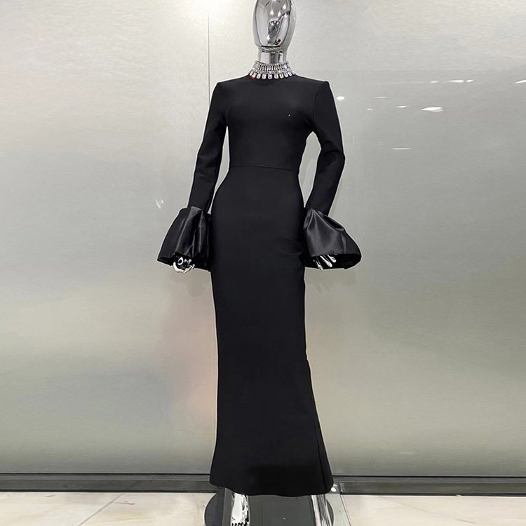 High Quality Sexy Women Formal Luxury Puff Sleeve Bandage Rhinestone Evening Gown Dress Elegant