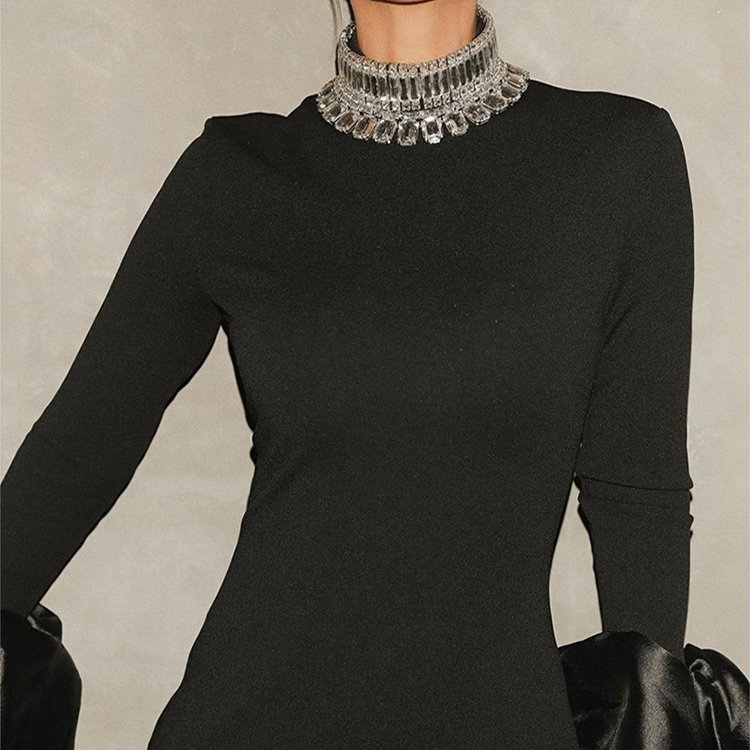 High Quality Sexy Women Formal Luxury Puff Sleeve Bandage Rhinestone Evening Gown Dress Elegant