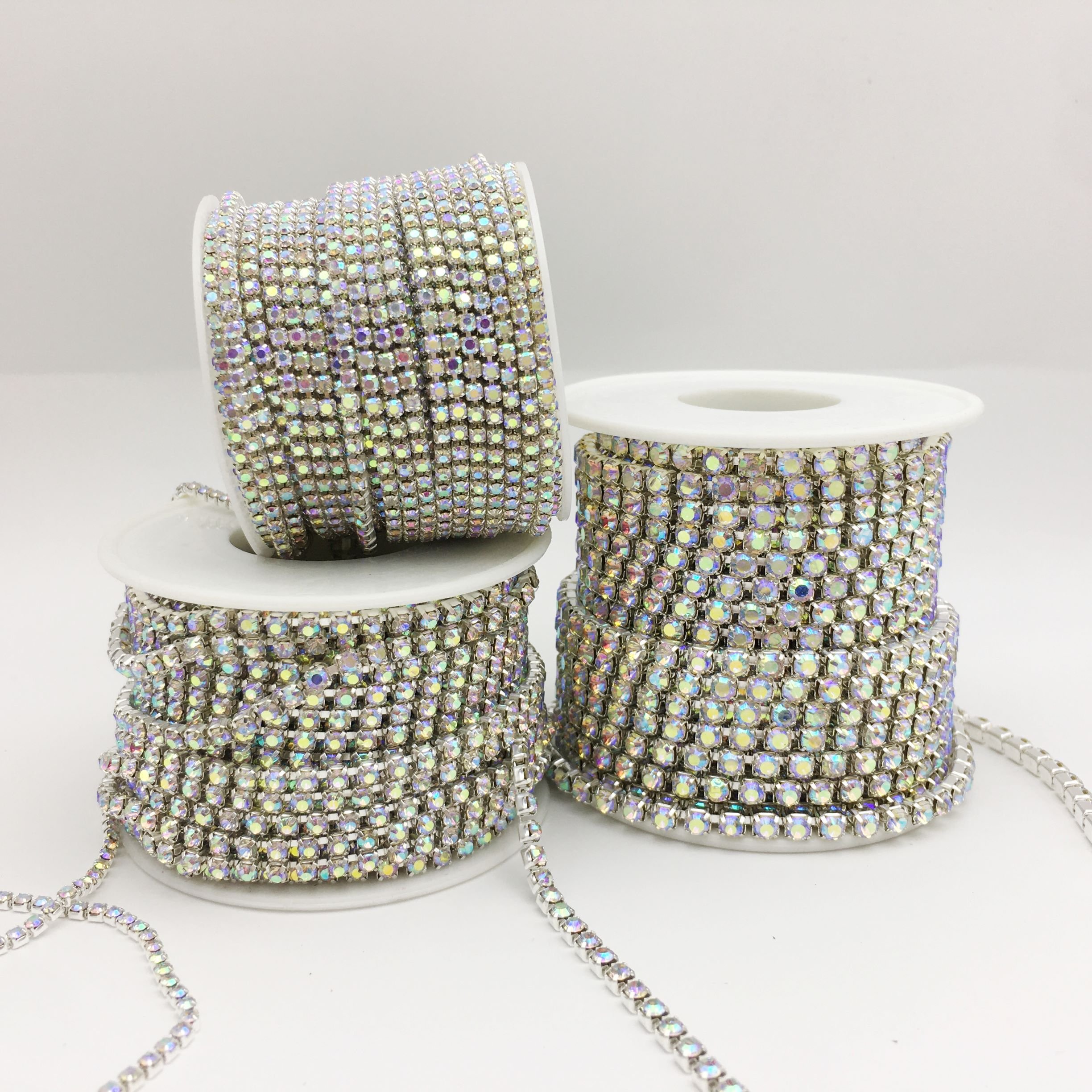 SINRONG Wholesale Sew-On AB Rhinestone Cup Chain Strass Roll Trim with Glass Beads for Shoes and Bags Decoration