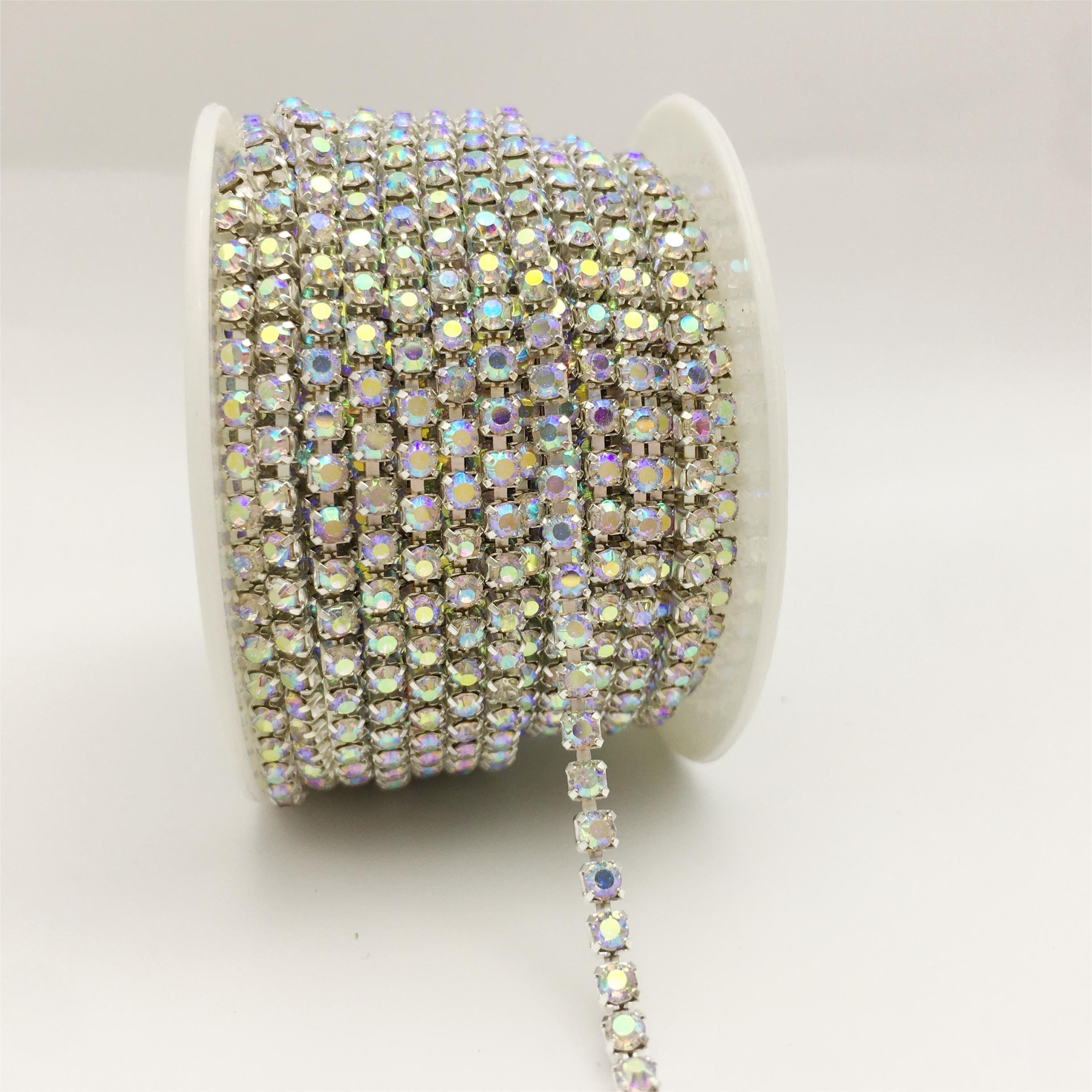 SINRONG Wholesale Sew-On AB Rhinestone Cup Chain Strass Roll Trim with Glass Beads for Shoes and Bags Decoration
