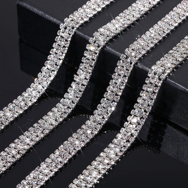 3 Rows Bling Rhinestone Close Chain Trim Sew On Rhinestone Trim for DIY Jewelry Clothing Decoration Crystal AB with Sliver Base